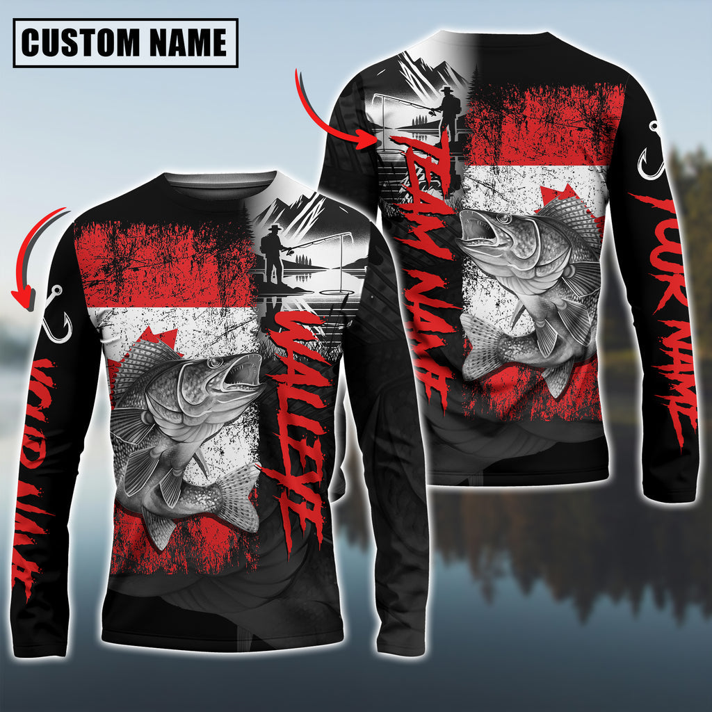 BlueJose Walleye Fishing Black Canada Flag Sport Custom Name & Team Name 3D Shirts