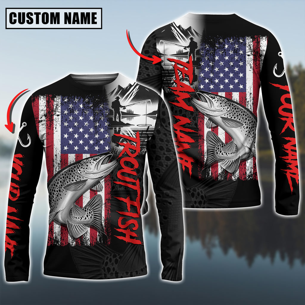 BlueJose Trout Fishing  Black US Flag Sport Custom Name & Team Name 3D Shirts