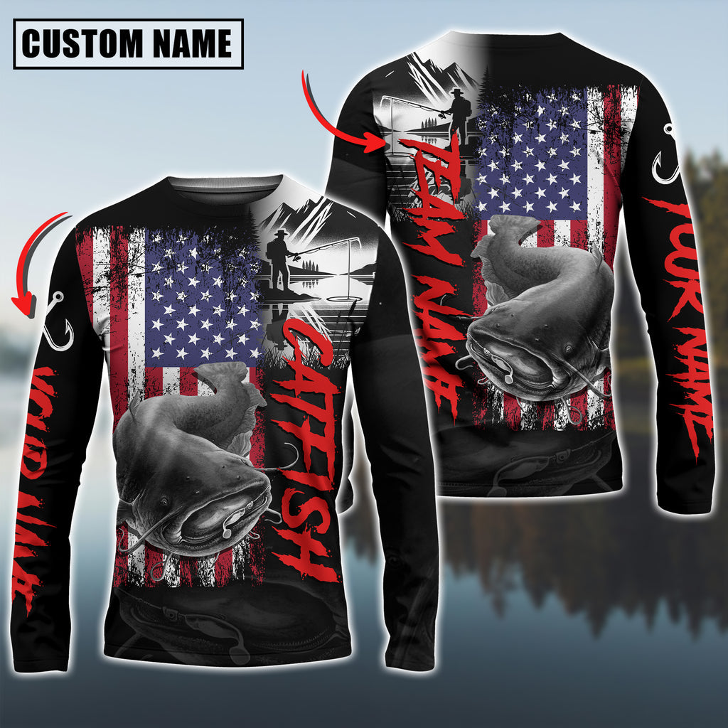 BlueJose Catfish Fishing  Black US Flag Sport Custom Name & Team Name 3D Shirts