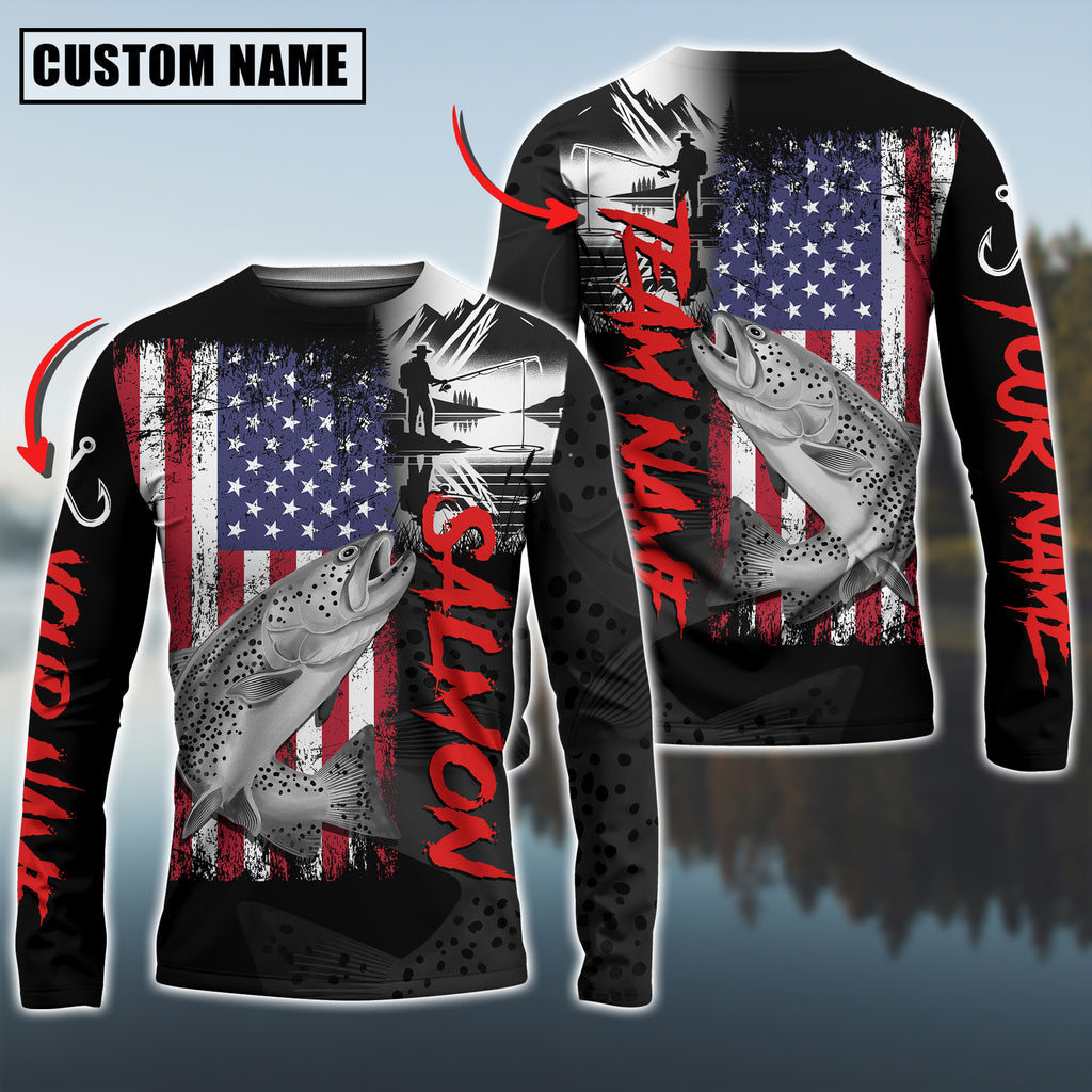 BlueJose Salmon Fishing  Black US Flag Sport Custom Name & Team Name 3D Shirts