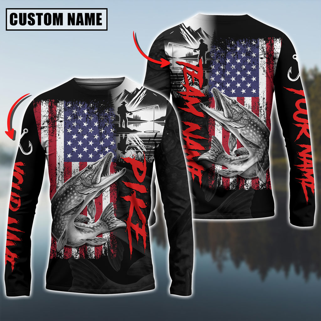 BlueJose Pike Fishing  Black US Flag Sport Custom Name & Team Name 3D Shirts