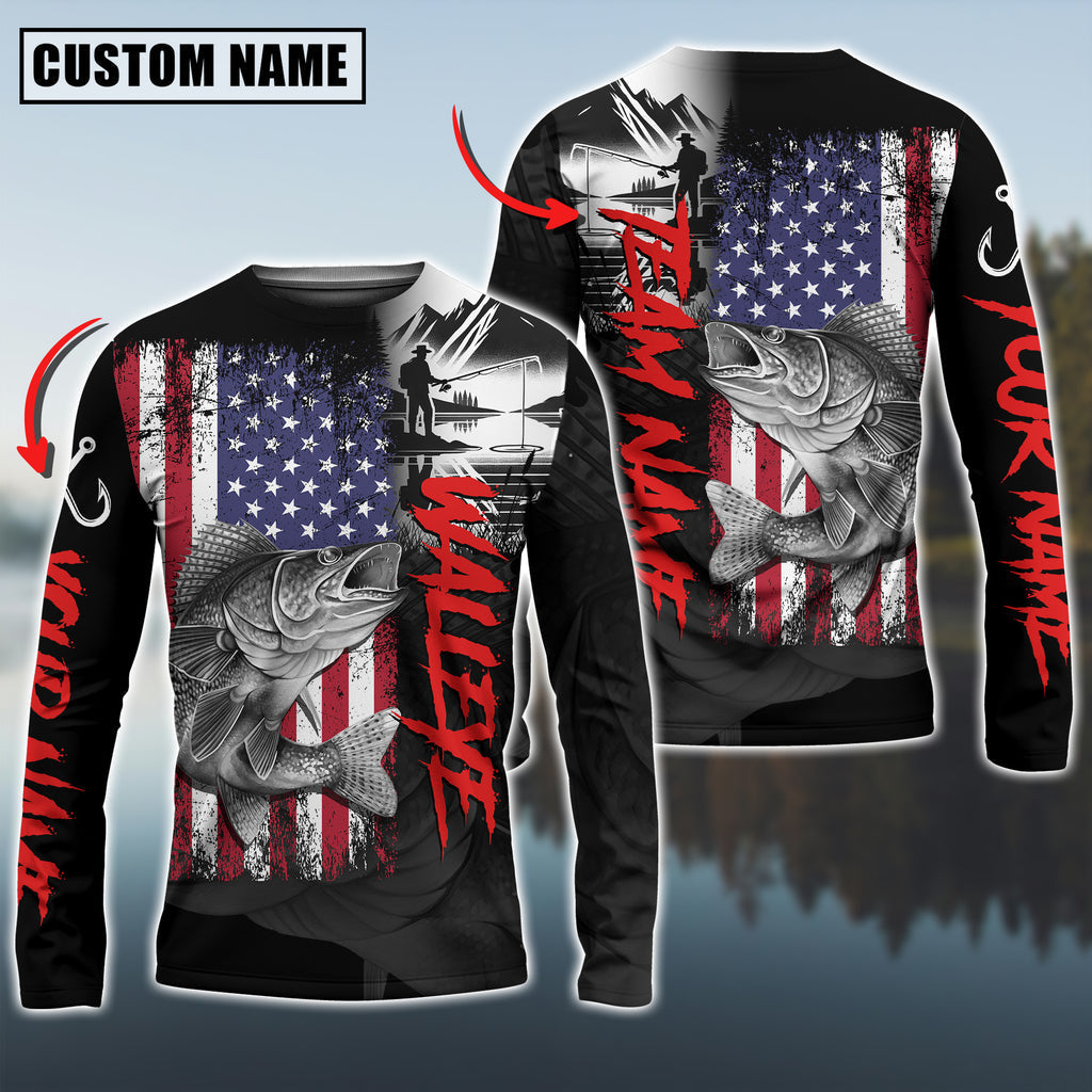 BlueJose Walleye Fishing  Black US Flag Sport Custom Name & Team Name 3D Shirts