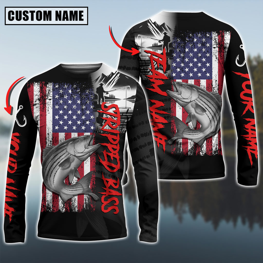 BlueJose Striped Bass Fishing  Black US Flag Sport Custom Name & Team Name 3D Shirts
