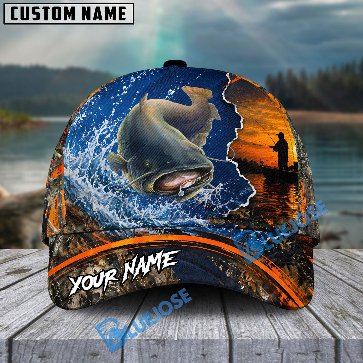 BlueJose Fishing Blue Sunset Ocean Camo Personalized Name Classic 3D Cap (13 Breeds)