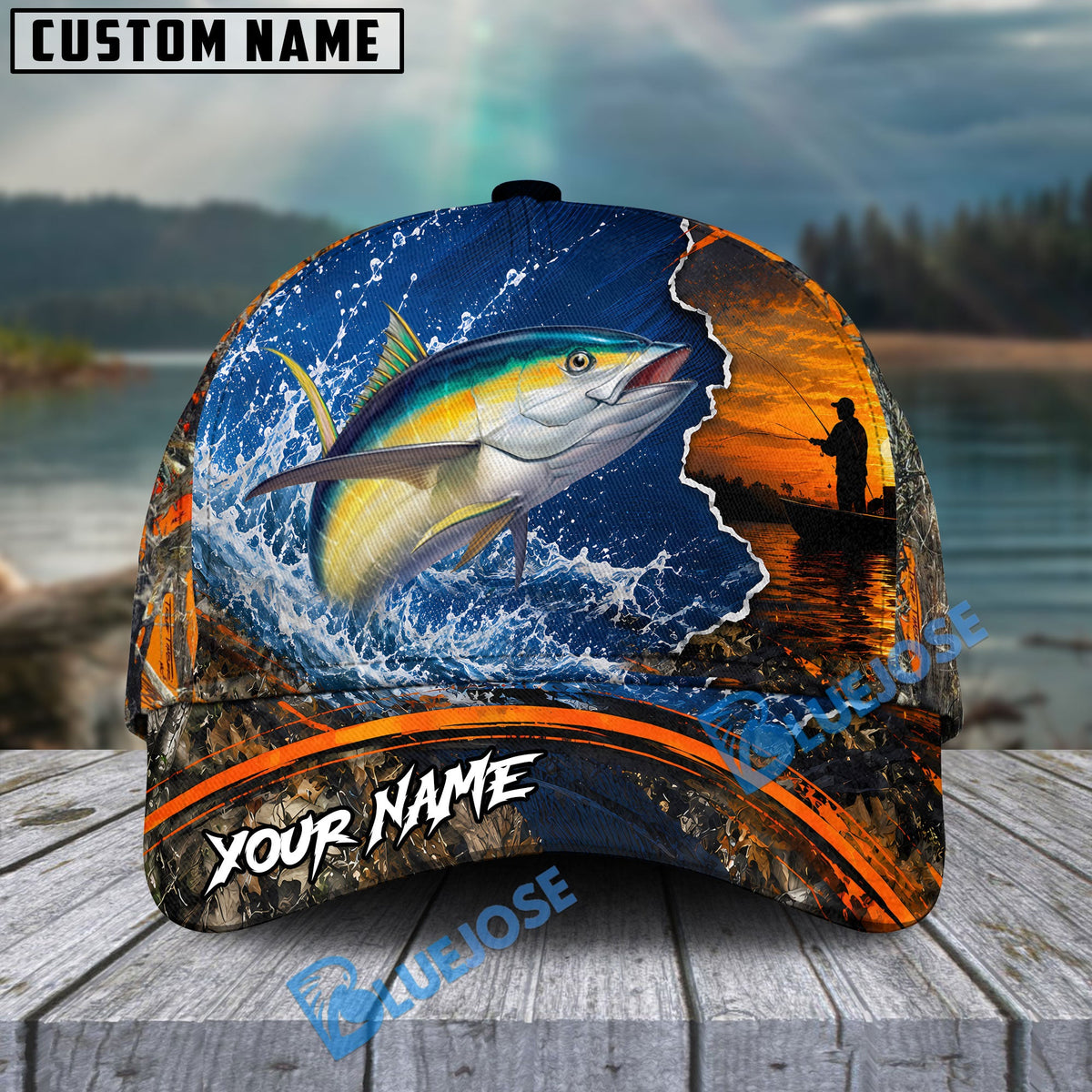 BlueJose Fishing Blue Sunset Ocean Camo Personalized Name Classic 3D Cap (13 Breeds)