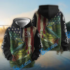 BlueJose Largemouth Bass Fishing 3D American Flag Patriotic Customize Name Fishing Shirts