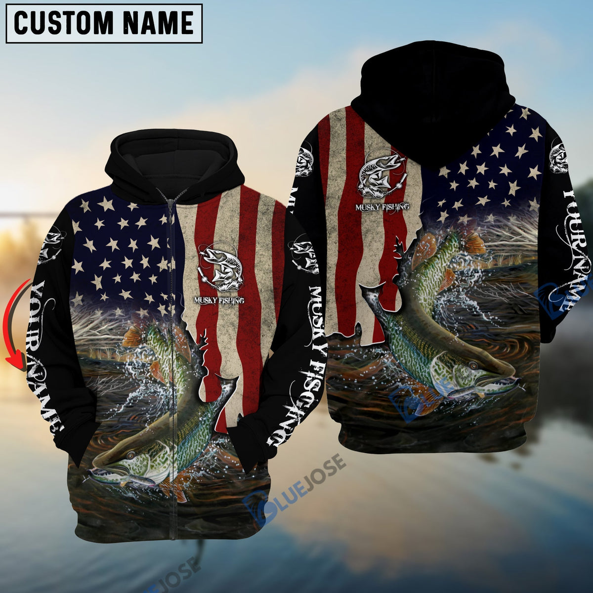 BlueJose Musky Fishing 3D American Flag Patriotic Customize Name 3D Shirts