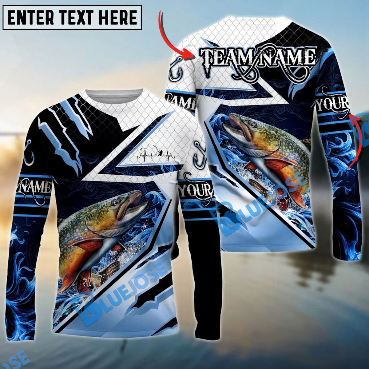 BlueJose Trout Fishing Splash Blue Water Hook Scratch Sport Custom Name & Team Name 3D Shirts