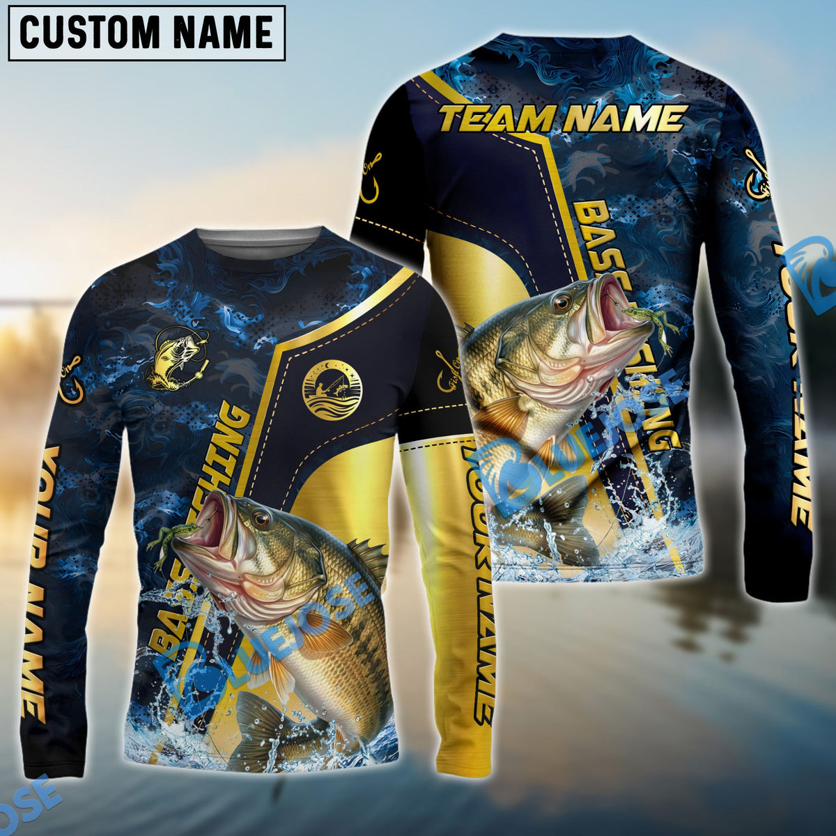BlueJose Bass Fishing Ocean Wave Gold Luxury Pattern Custom Name & Team Name 3D Shirts