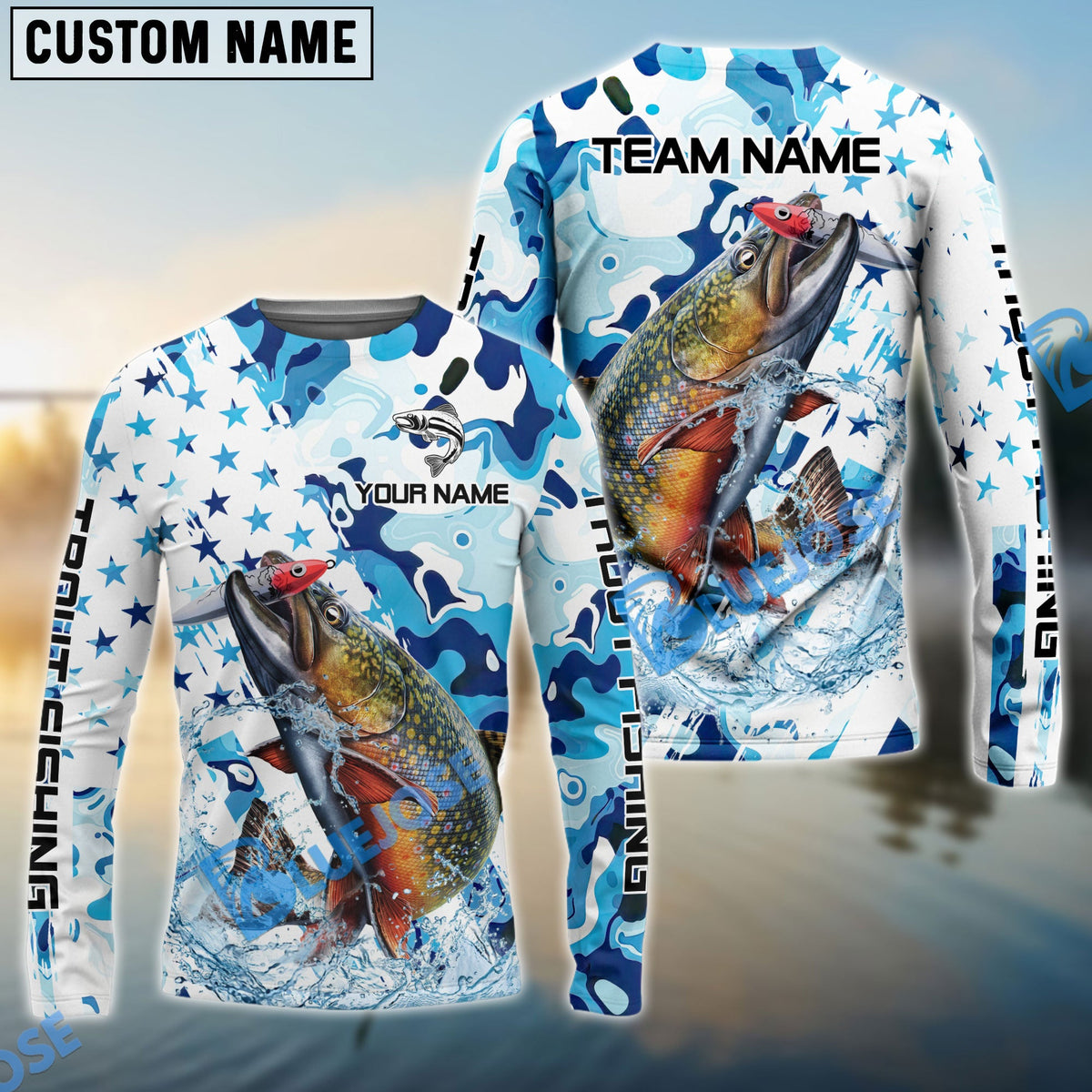 BlueJose Trout Fishing Blue White American Flag Custom Name & Team Name 3D Shirts