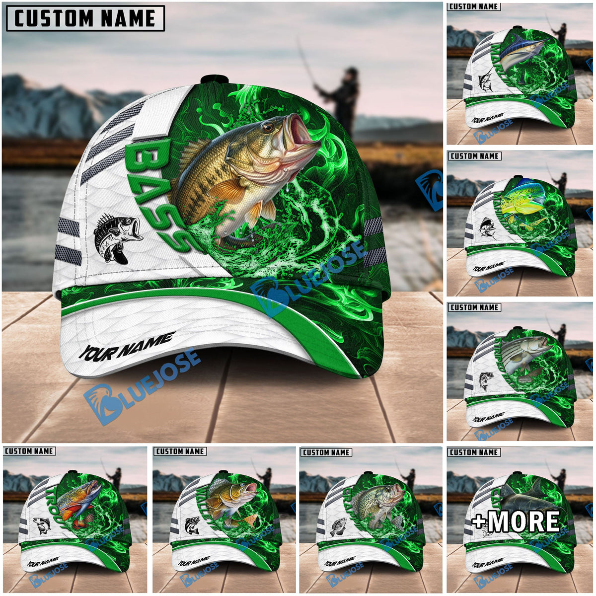 BlueJose Fishing White Green Lava Sport Personalized Name Classic 3D Cap Personalized Cap (13 Breeds)