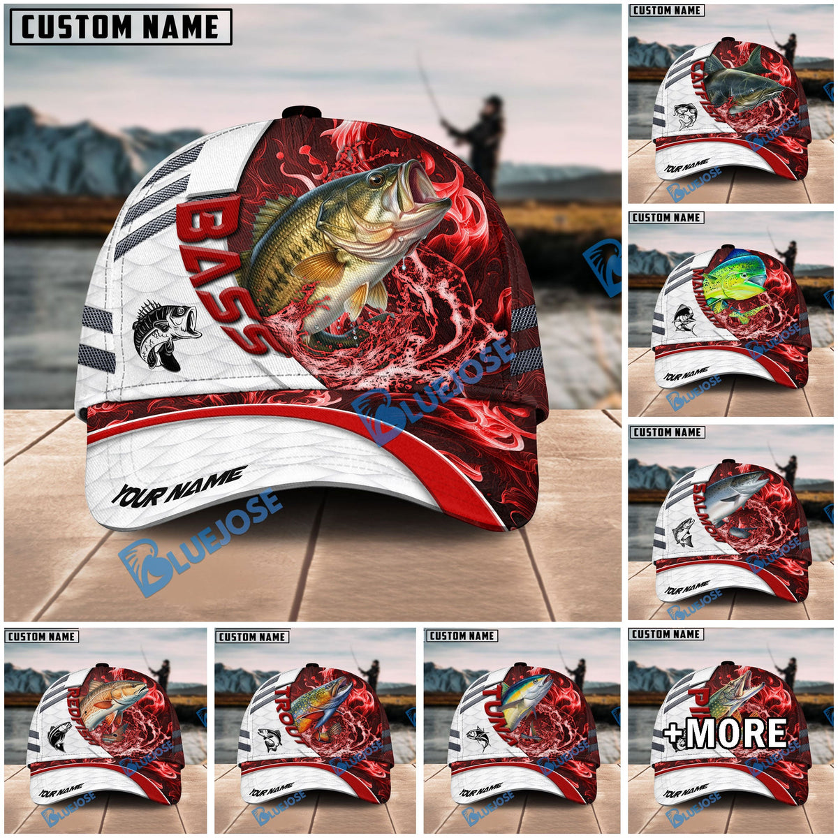 BlueJose Fishing White Red Lava Sport Personalized Name Classic 3D Cap Personalized Cap (13 Breeds)
