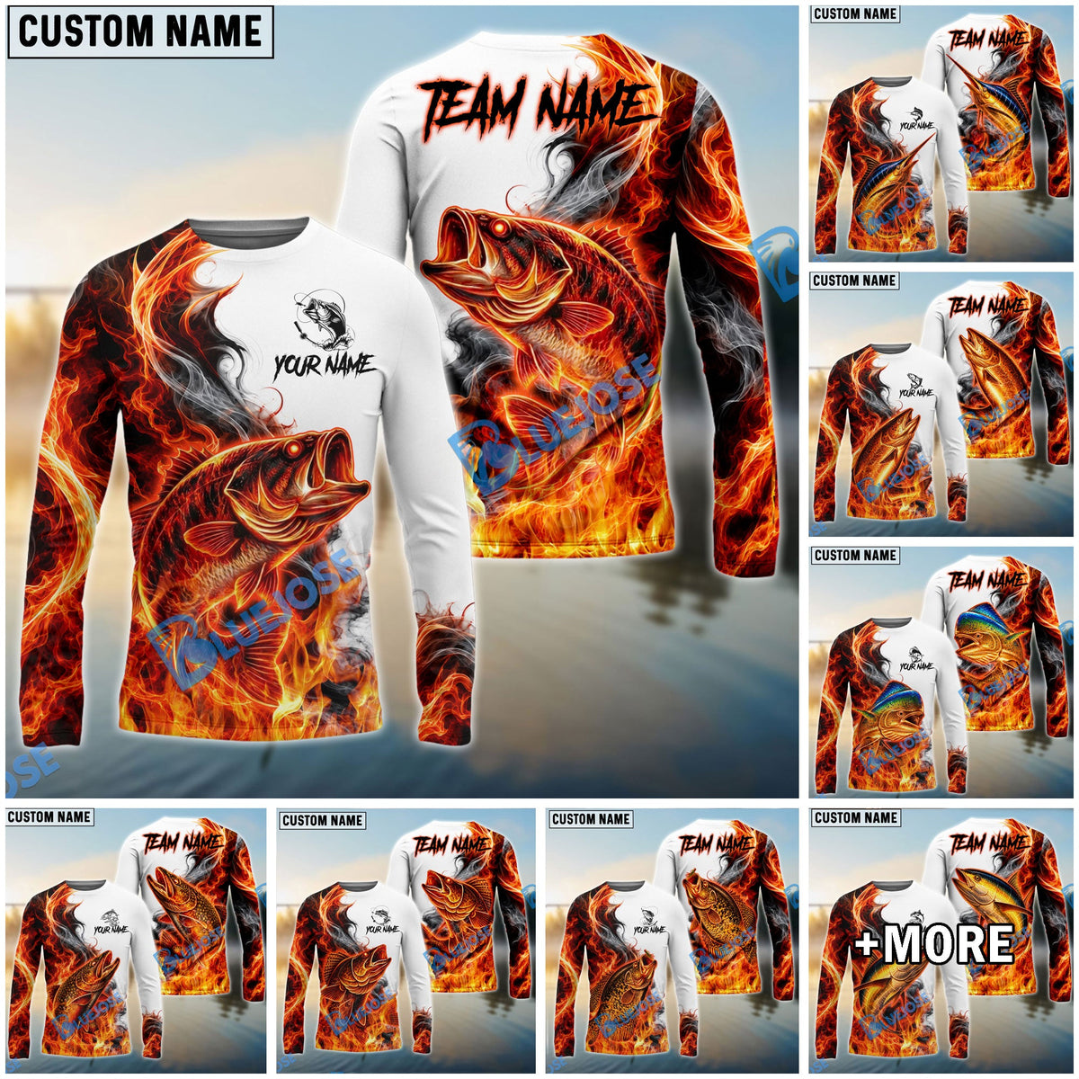 BlueJose Fishing Red Fire Flame Smoke Design Custom Name & Team Name 3D Shirts (12 Breeds)