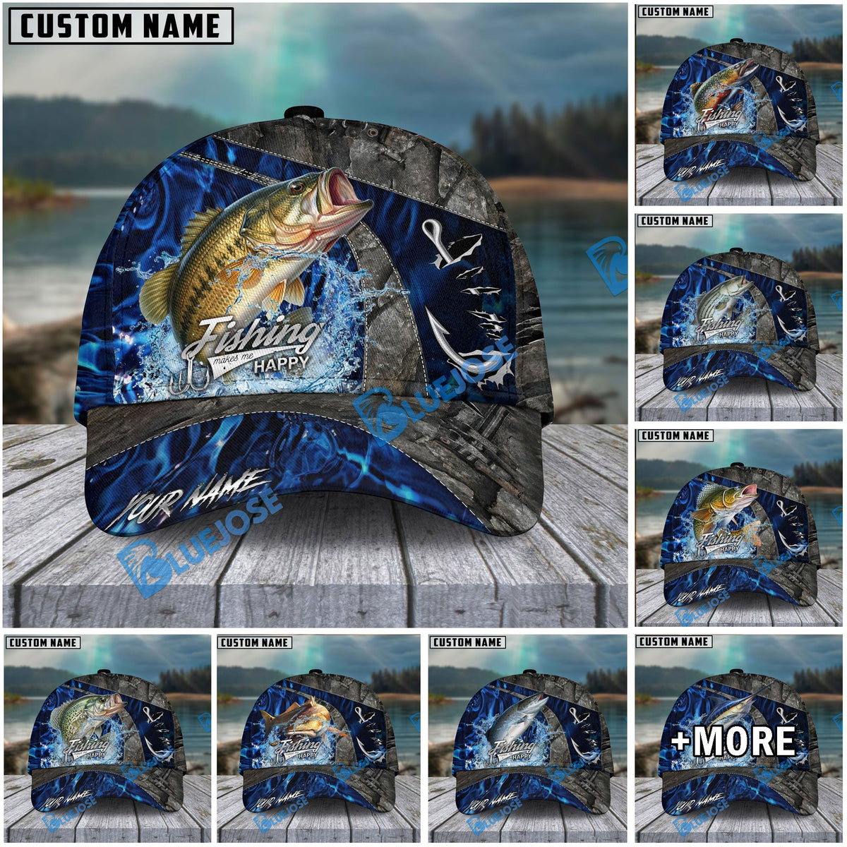 BlueJose Fishing Water Splash Camo Happy Personalized Name Classic 3D Cap Personalized Cap (13 Breeds)