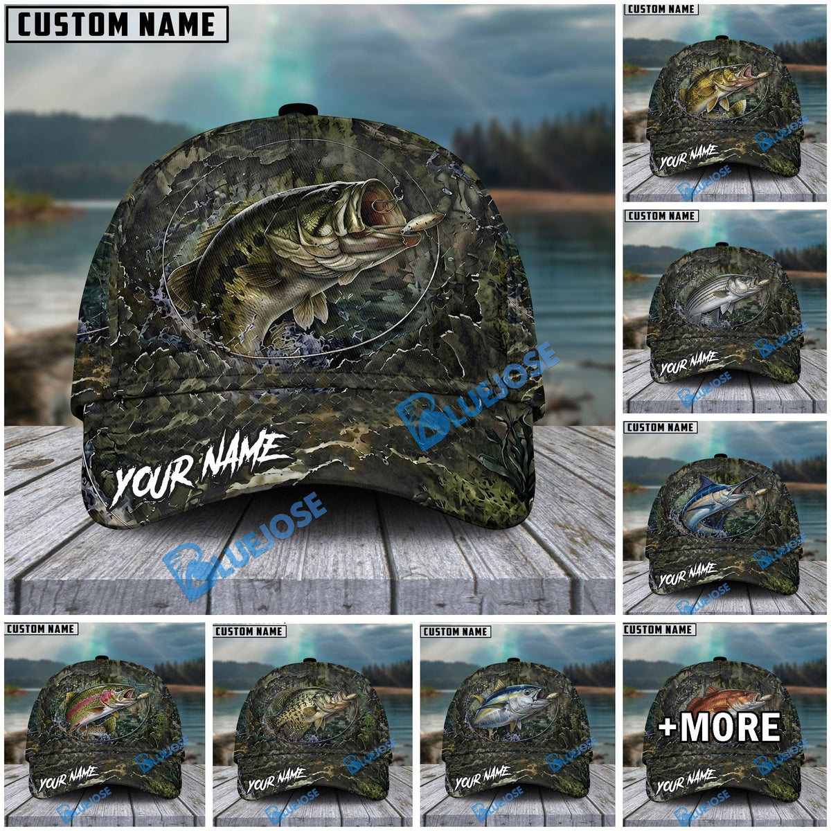 BlueJose Fishing Mossy Camo Water Ring Personalized Name Classic 3D Cap (13 Breeds)