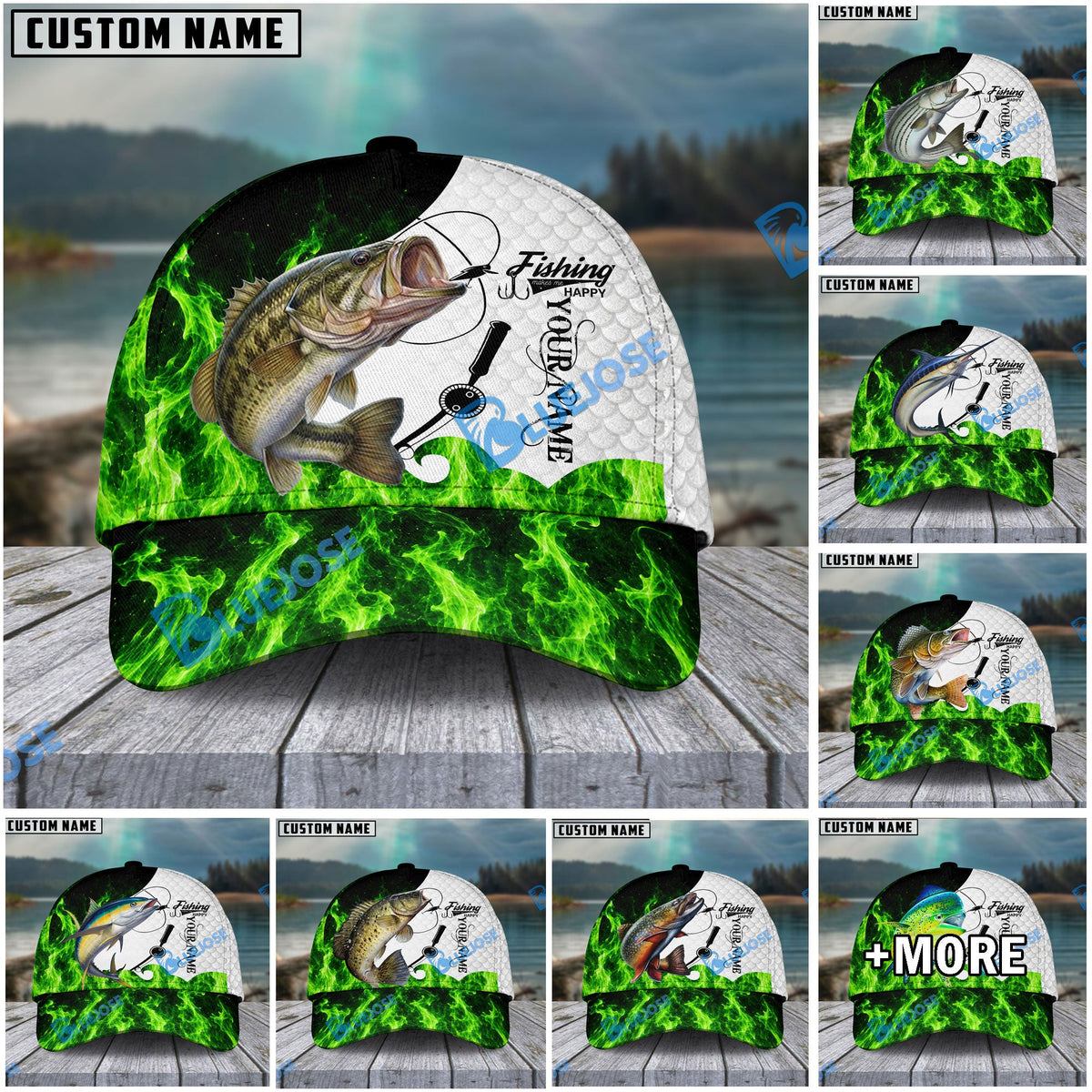 BlueJose Fishing Water Green Flame White Scale Personalized Name Classic 3D Cap (13 Breeds)