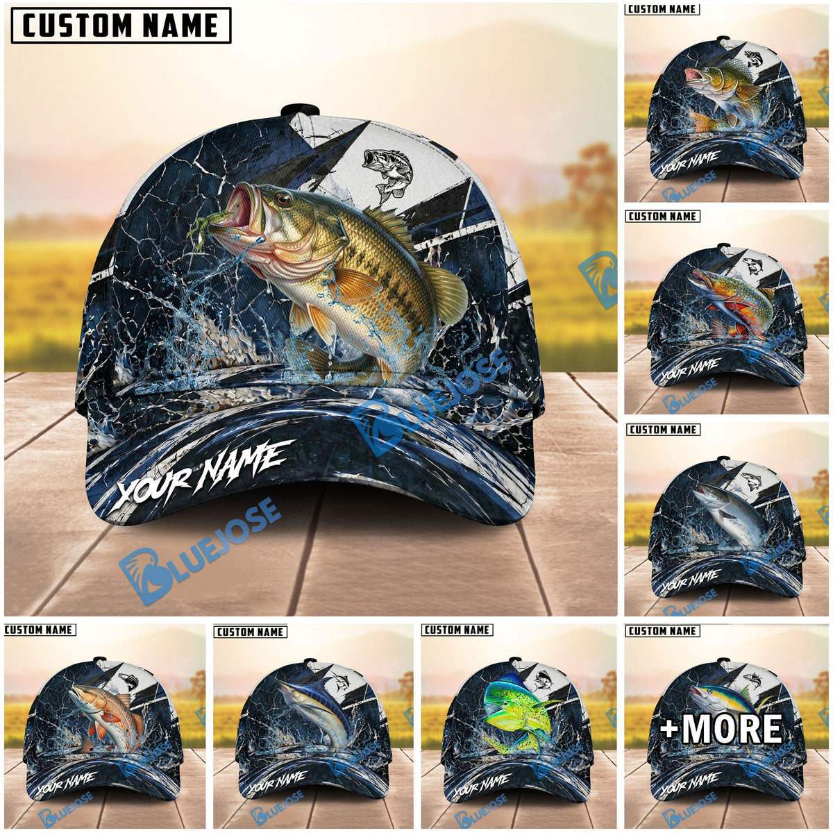 BlueJose Fishing Black White Crack Texture Splash Personalized Name Classic 3D Cap (13 Breeds)