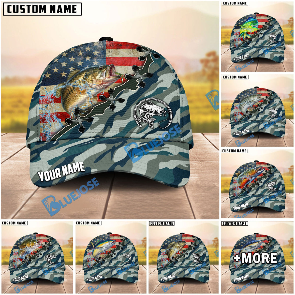 BlueJose Fishing American Flag Blue Camouflage Personalized Name Classic 3D Cap (13 Breeds)