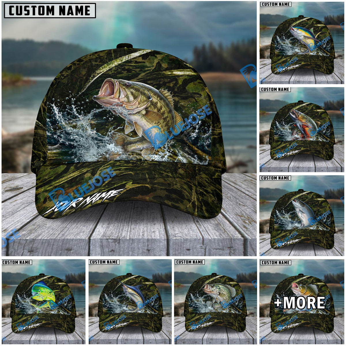 BlueJose Fishing Woodland Camouflage Water Splash Personalized Name Classic 3D Cap (13 Breeds)
