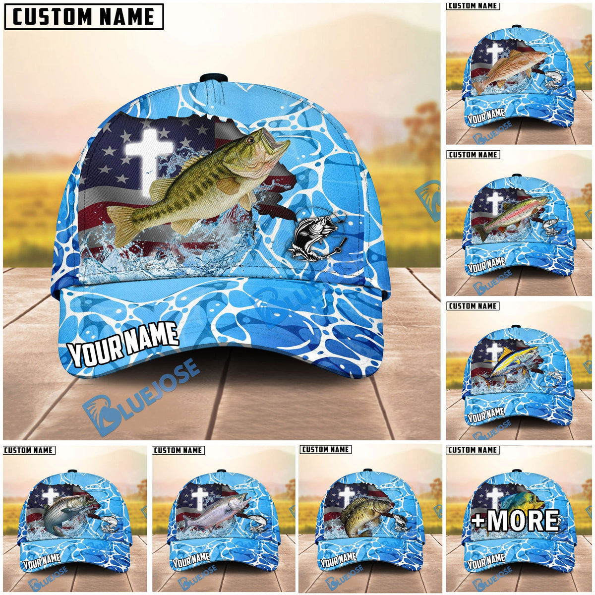 BlueJose Fishing Christian Cross Outdoorsman American Personalized Name Classic 3D Cap (13 Breeds)