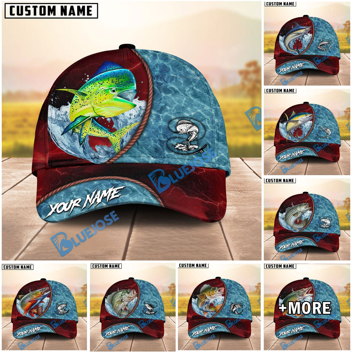 BlueJose Fishing Red Lightning Water Texture Rope Personalized Name Classic 3D Cap (13 Breeds)