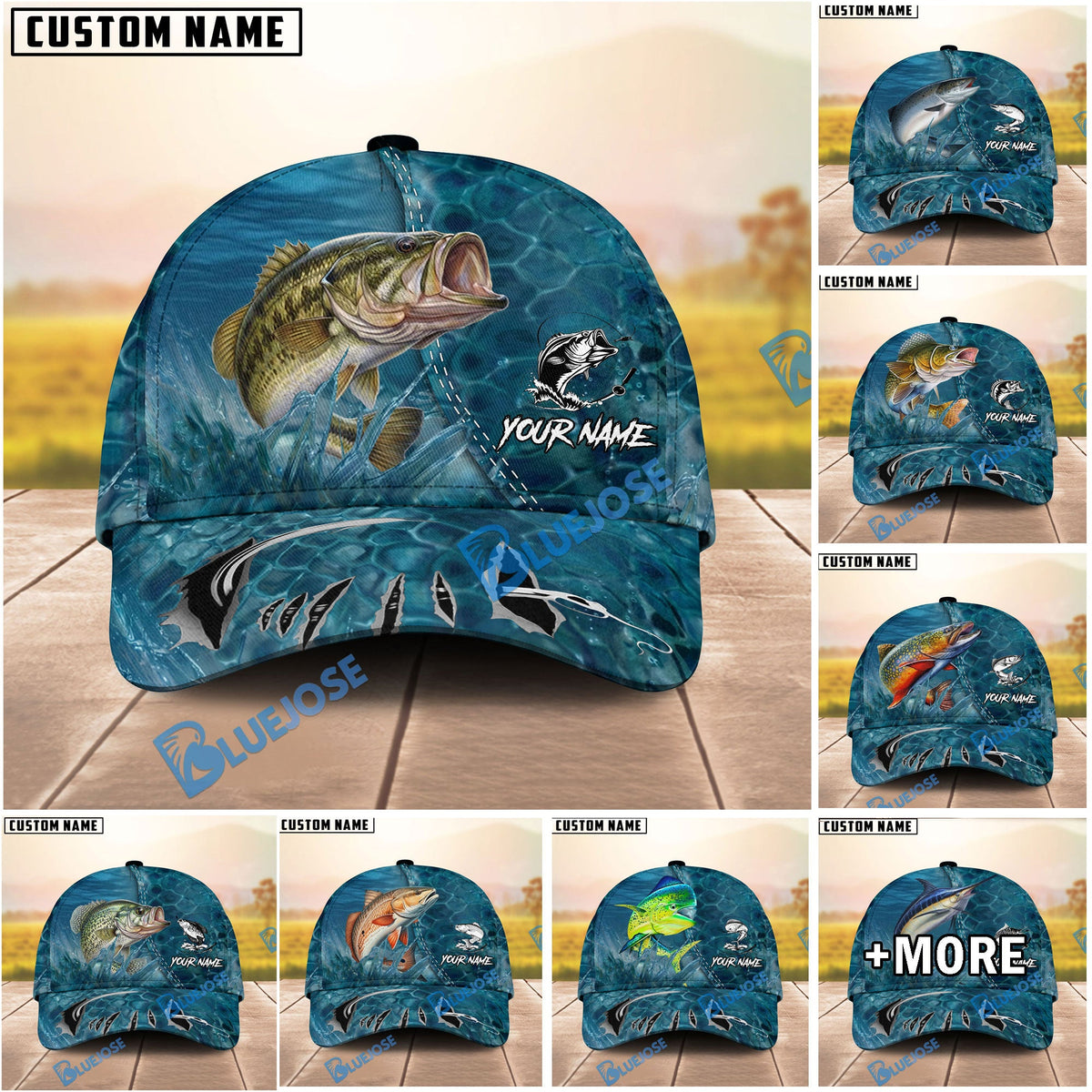 BlueJose Fishing Ocean Blue Underwater Texture Personalized Name Classic 3D Cap (13 Breeds)