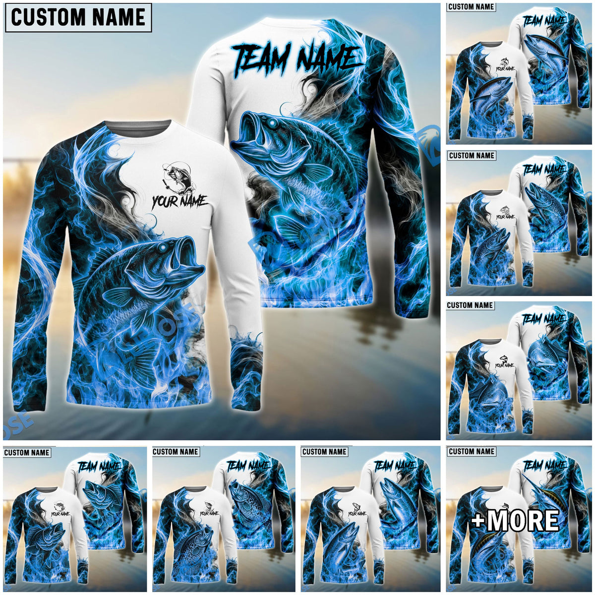 BlueJose Fishing Blue Flame Smoke Design Custom Name & Team Name 3D Shirts (12 Breeds)