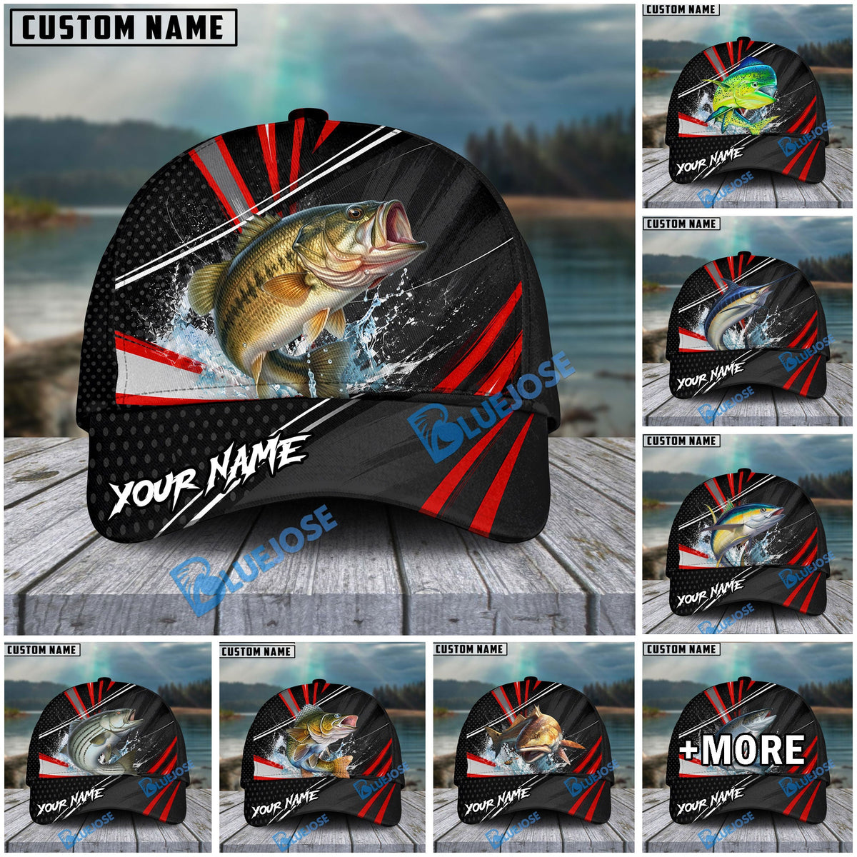 BlueJose Fishing Red White Tornado Graphic Personalized Name Classic 3D Cap (13 Breeds)
