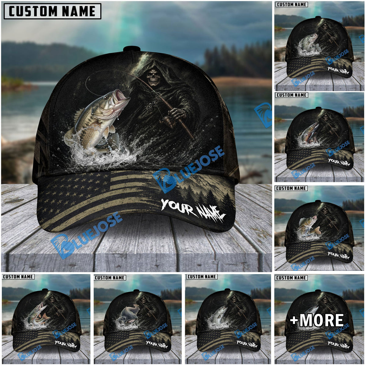 BlueJose Fishing Reaper Dark American Flag Personalized Name Classic 3D Cap (13 Breeds)