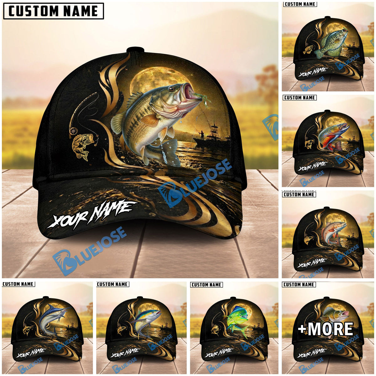 BlueJose Fishing Moonlight Gold Ocean Personalized Name Classic 3D Cap (13 Breeds)