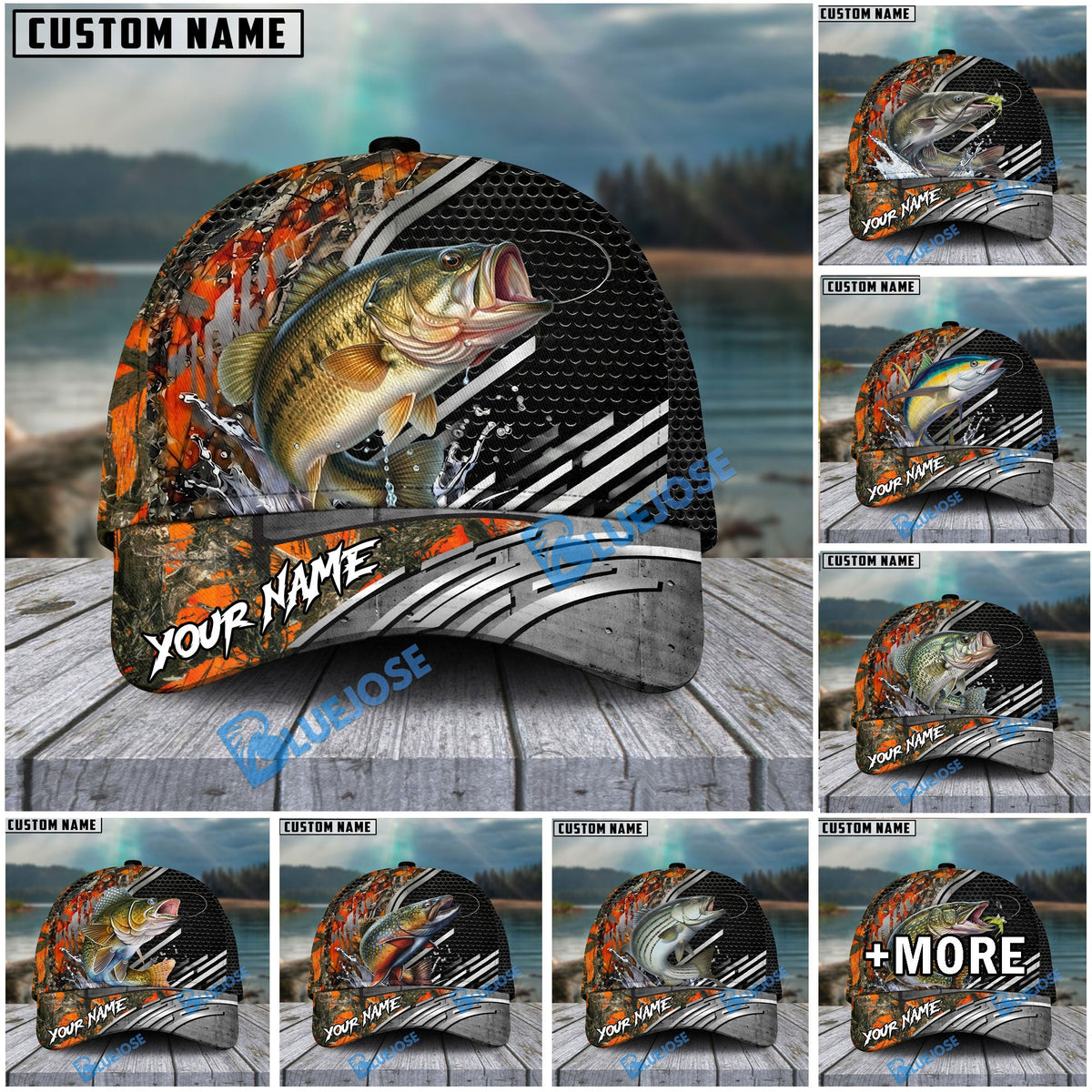 BlueJose Fishing Orange Camo Graphic Personalized Name Classic 3D Cap (13 Breeds)
