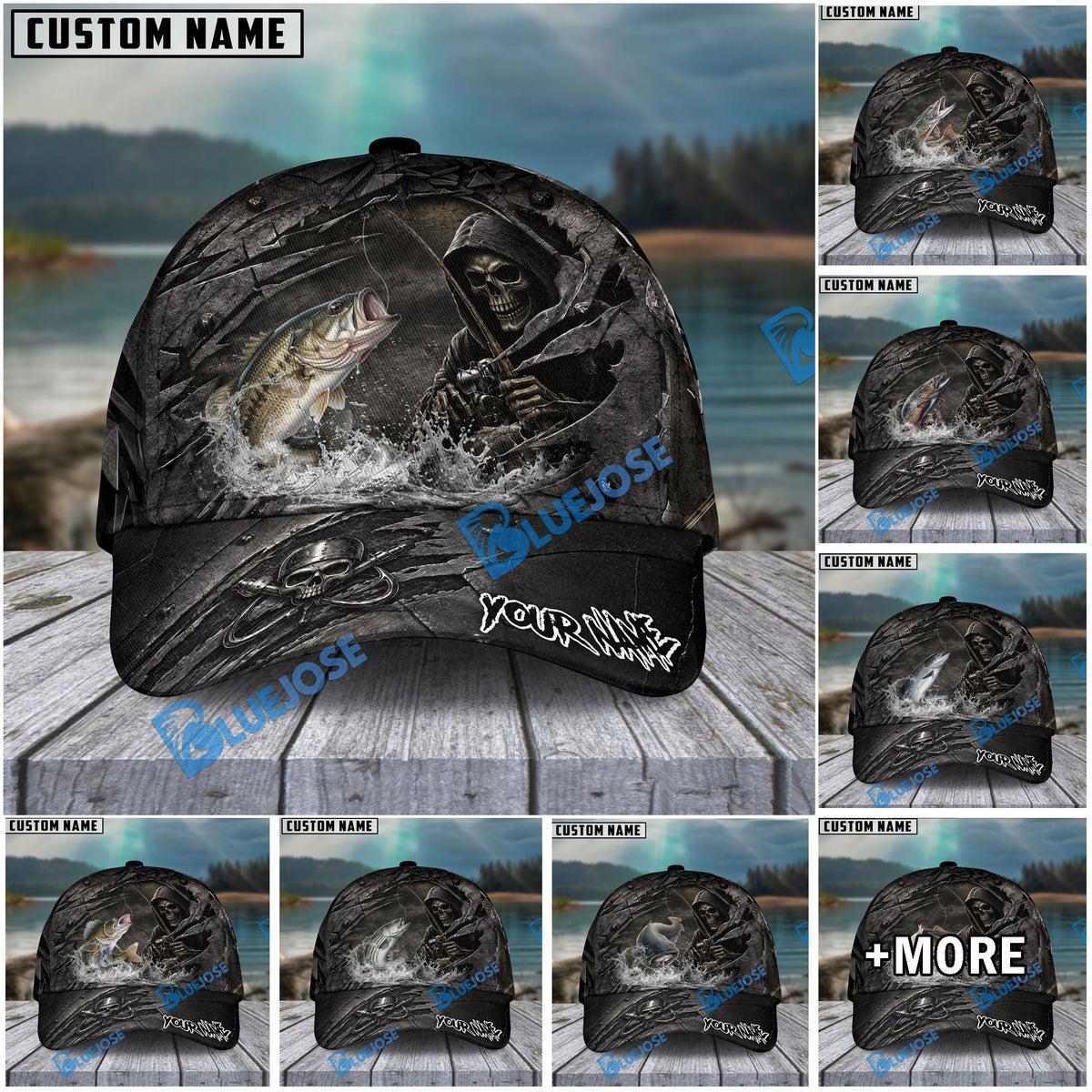 BlueJose Fishing Reaper Cracked Steel Skull Artwork Personalized Name Classic 3D Cap (13 Breeds)