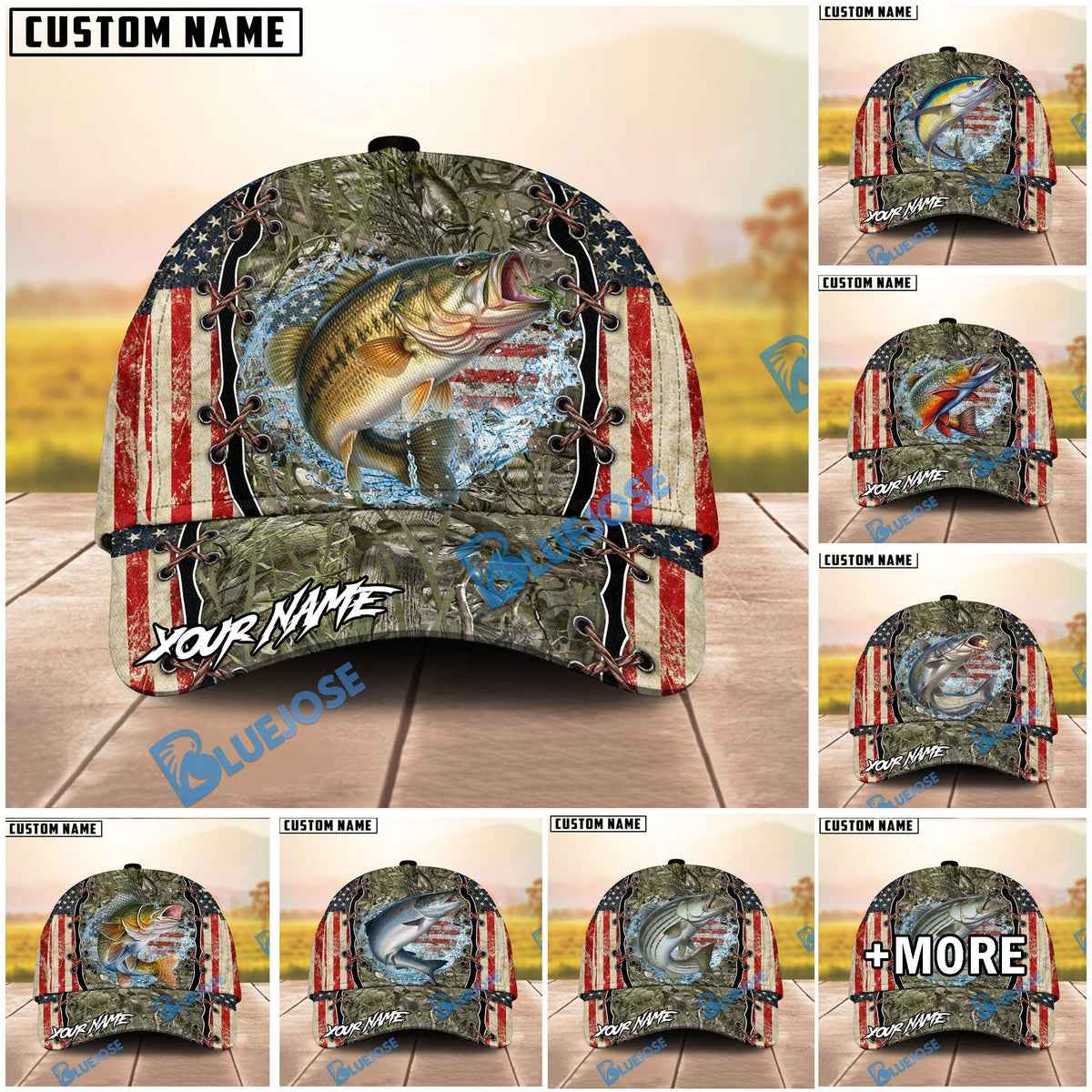 BlueJose Fishing Vintage USA Camo Design Personalized Name Classic 3D Cap (13 Breeds)