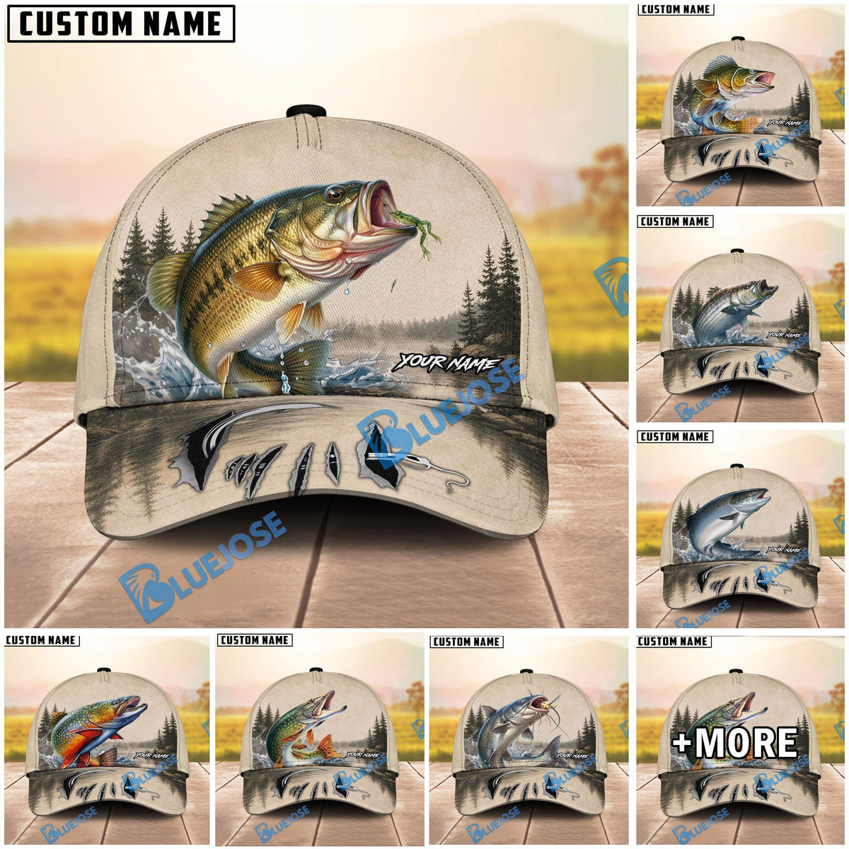 BlueJose Fishing Vintage Lake Scene Personalized Name Classic 3D Cap (13 Breeds)