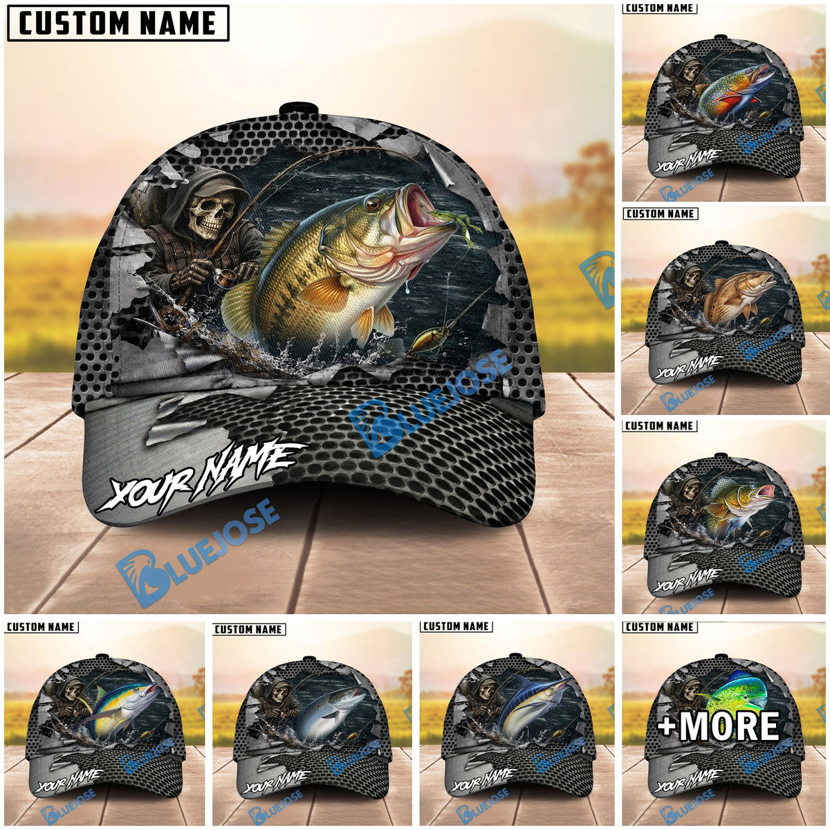 BlueJose Fishing Skull Angler Torn Metal Personalized Name Classic 3D Cap (13 Breeds)