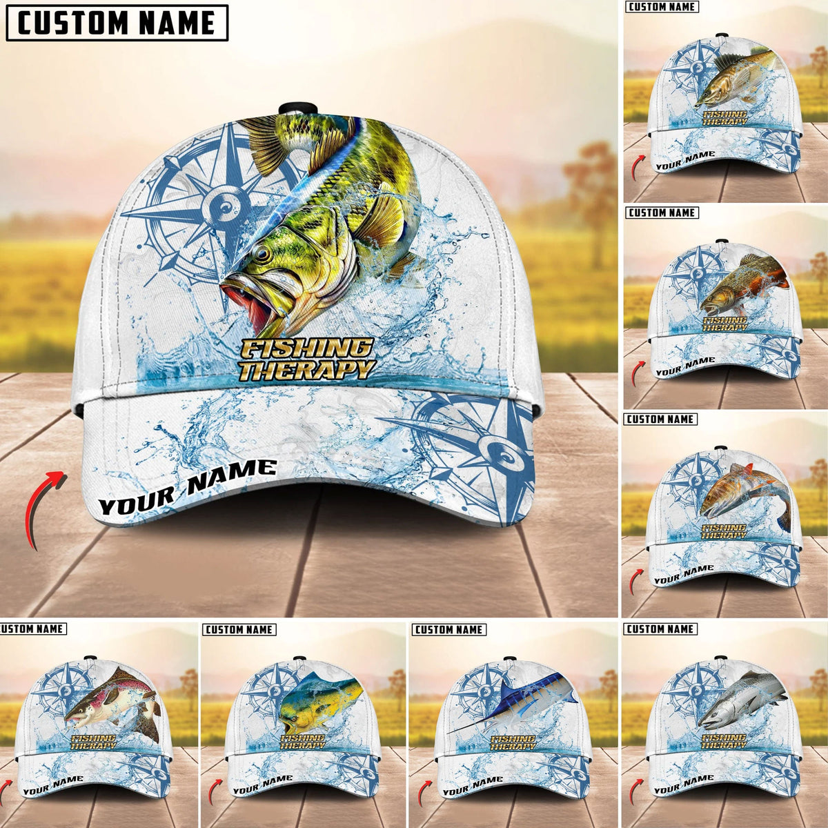 BlueJose Fishing Outdoor Water Splash Compass Graphic Personalized Cap (13 Breeds)
