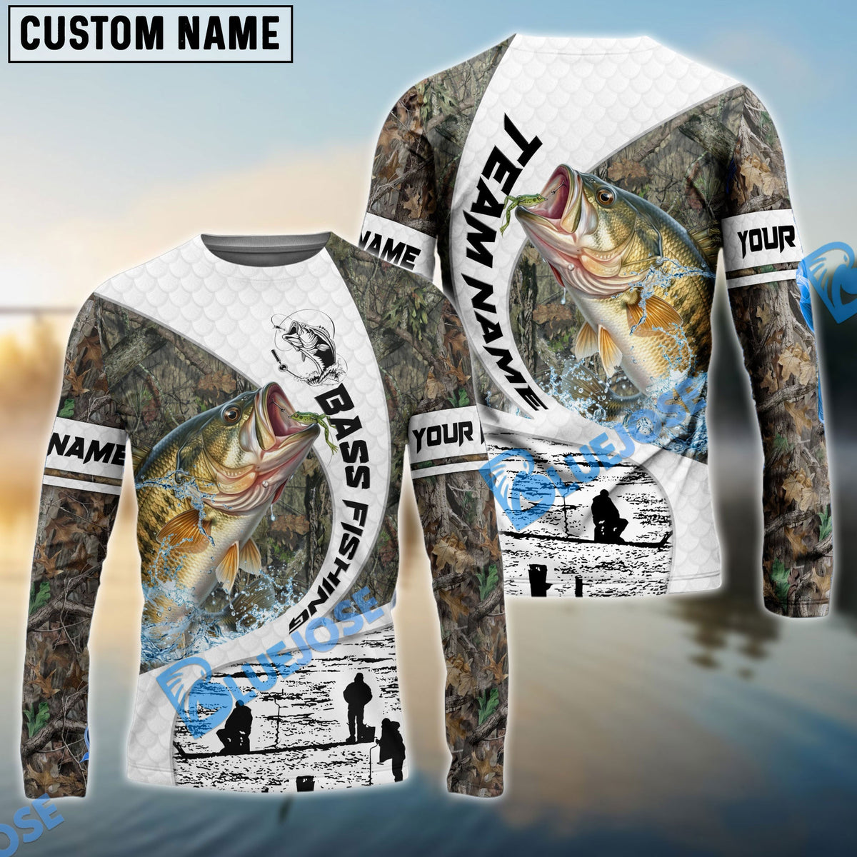 BlueJose Bass Fishing Camo Forest Scene Custom Name & Team Name 3D Shirts