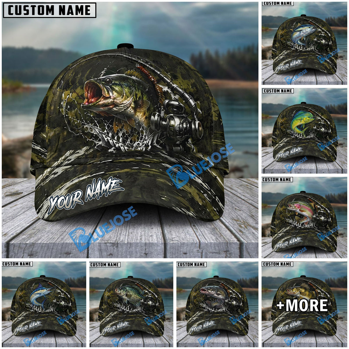 BlueJose Fishing Camouflage Water Splash Rod Reel Personalized Cap (13 Breeds)
