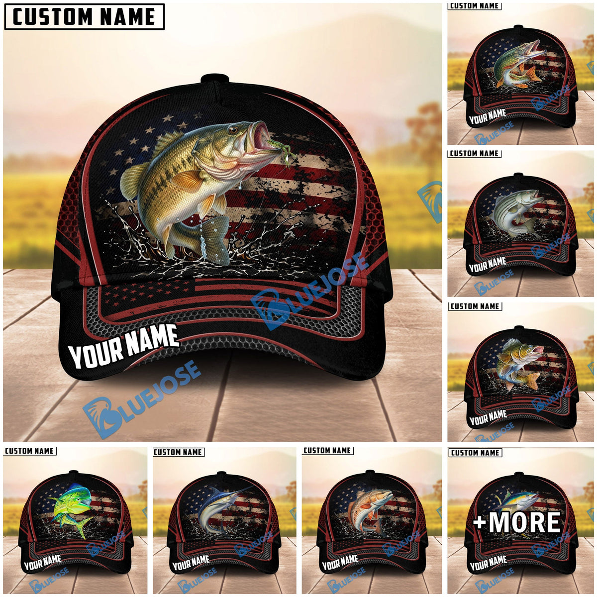 BlueJose Fishing American Flag Black Red Personalized Cap (13 Breeds)