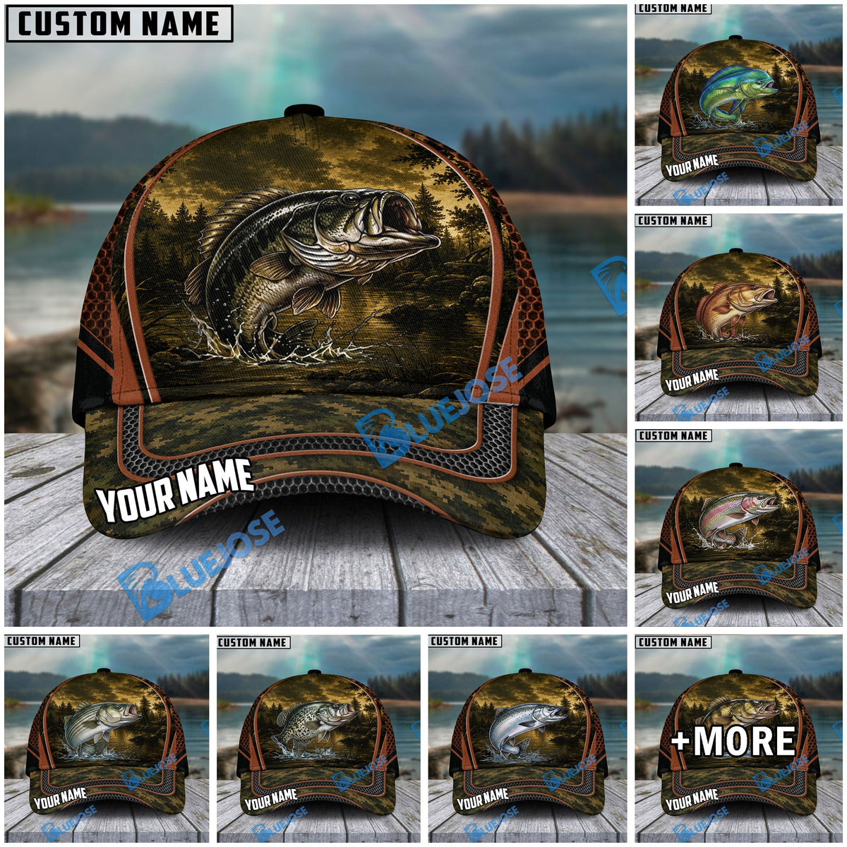 BlueJose Fishing Forest Camo Orange Trim Personalized Cap (13 Breeds)