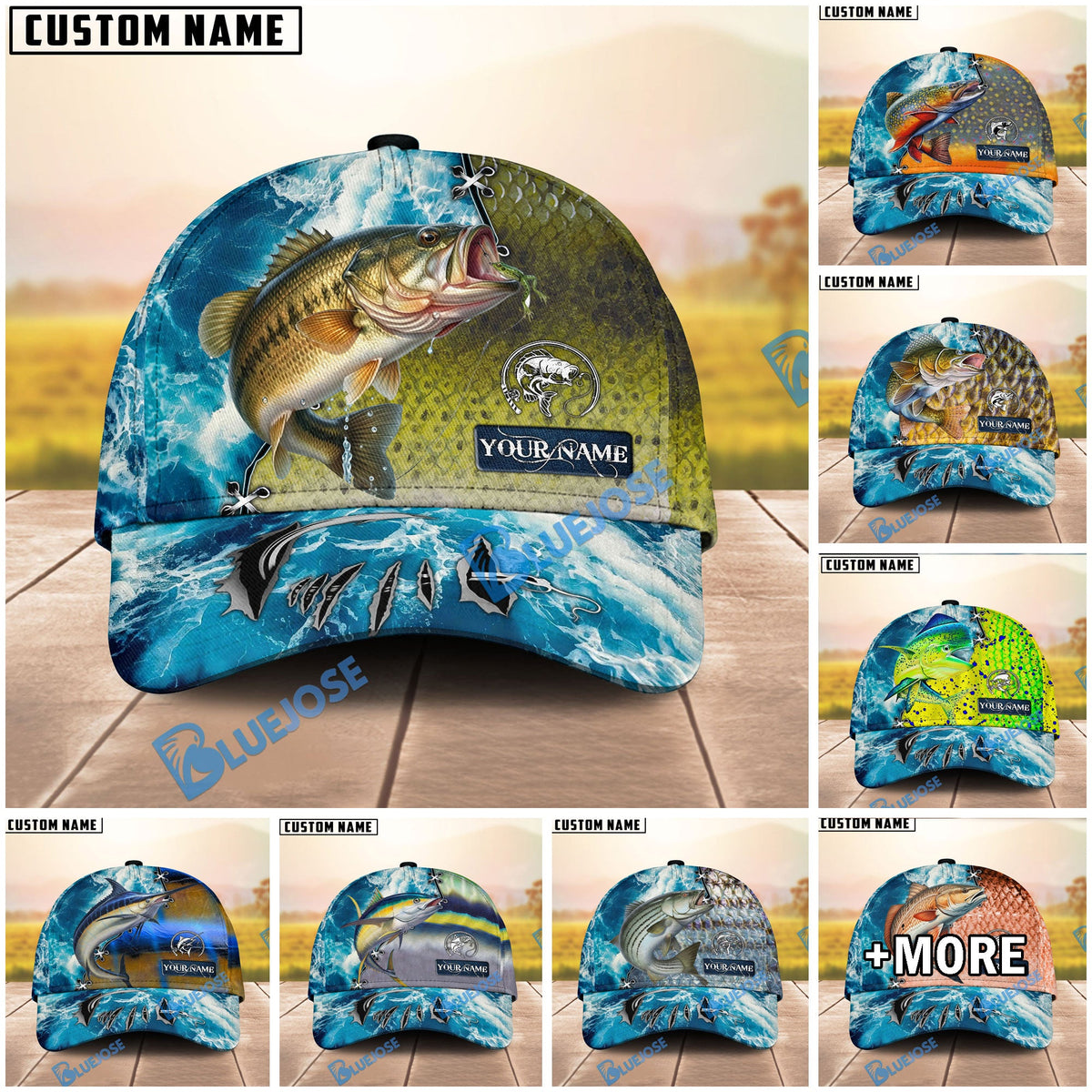 BlueJose Fishing Ocean Splash Fish Scale Personalized Cap (13 Breeds)