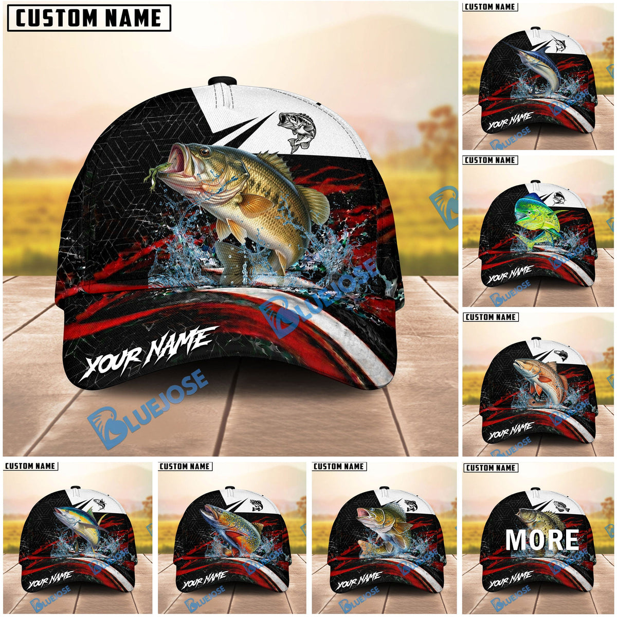 BlueJose Fishing Black Red Abstract Stripe Personalized Name Classic 3D Cap (13 Breeds)