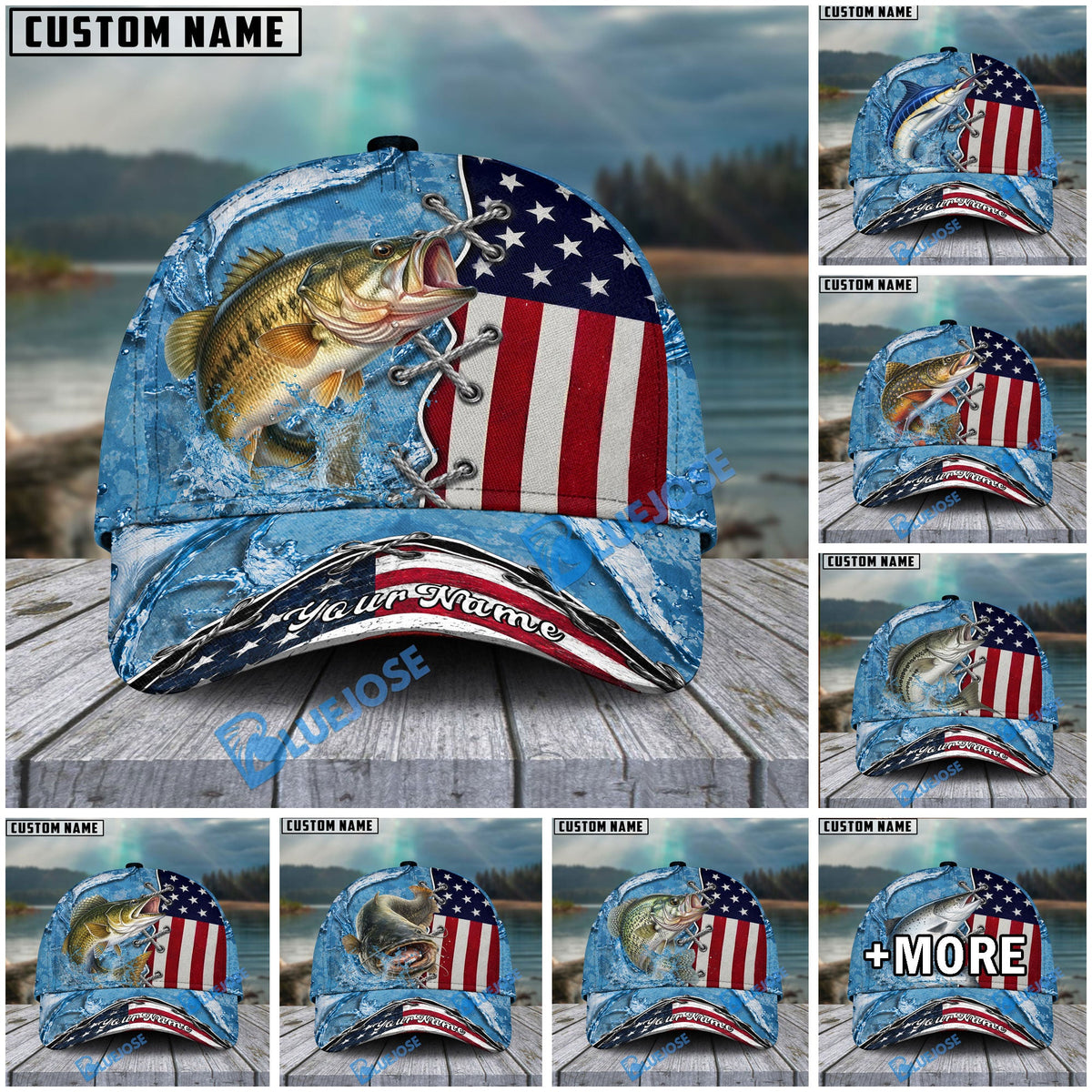 BlueJose Fishing Patriotic Lace-Up Design Personalized Cap (13 Breeds)