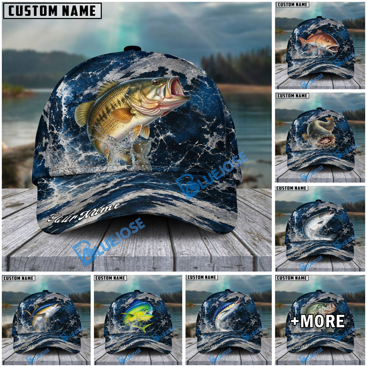 BlueJose Fishing Dark Ocean Camo Design Personalized Cap (13 Breeds)