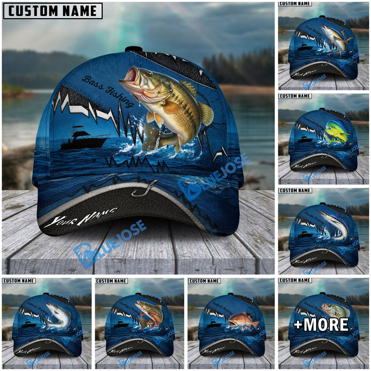 BlueJose Fishing Heartbeat Boat Scene Personalized Cap (13 Breeds)