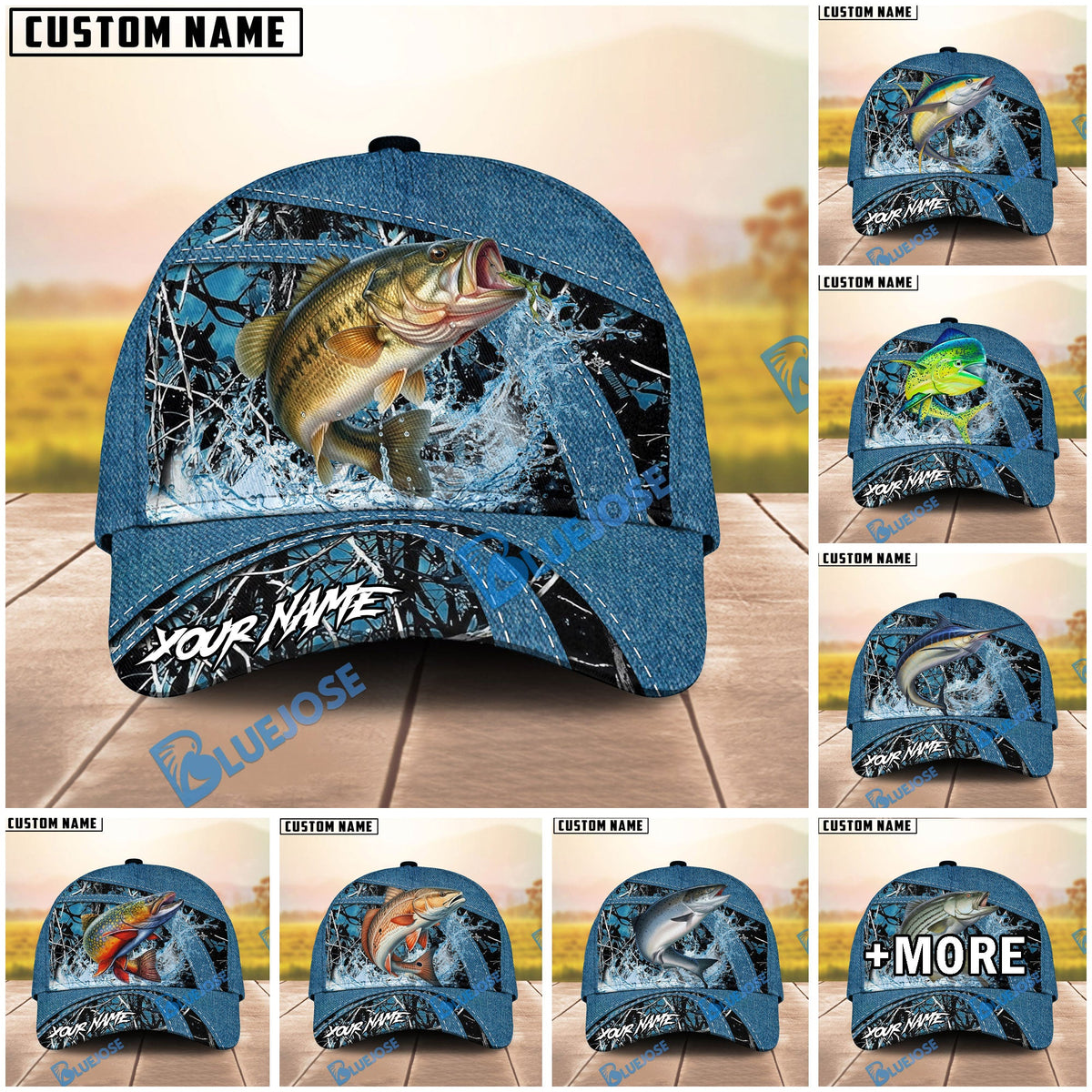 BlueJose Fishing Blue Marsh Bass Design Personalized Cap (13 Breeds)