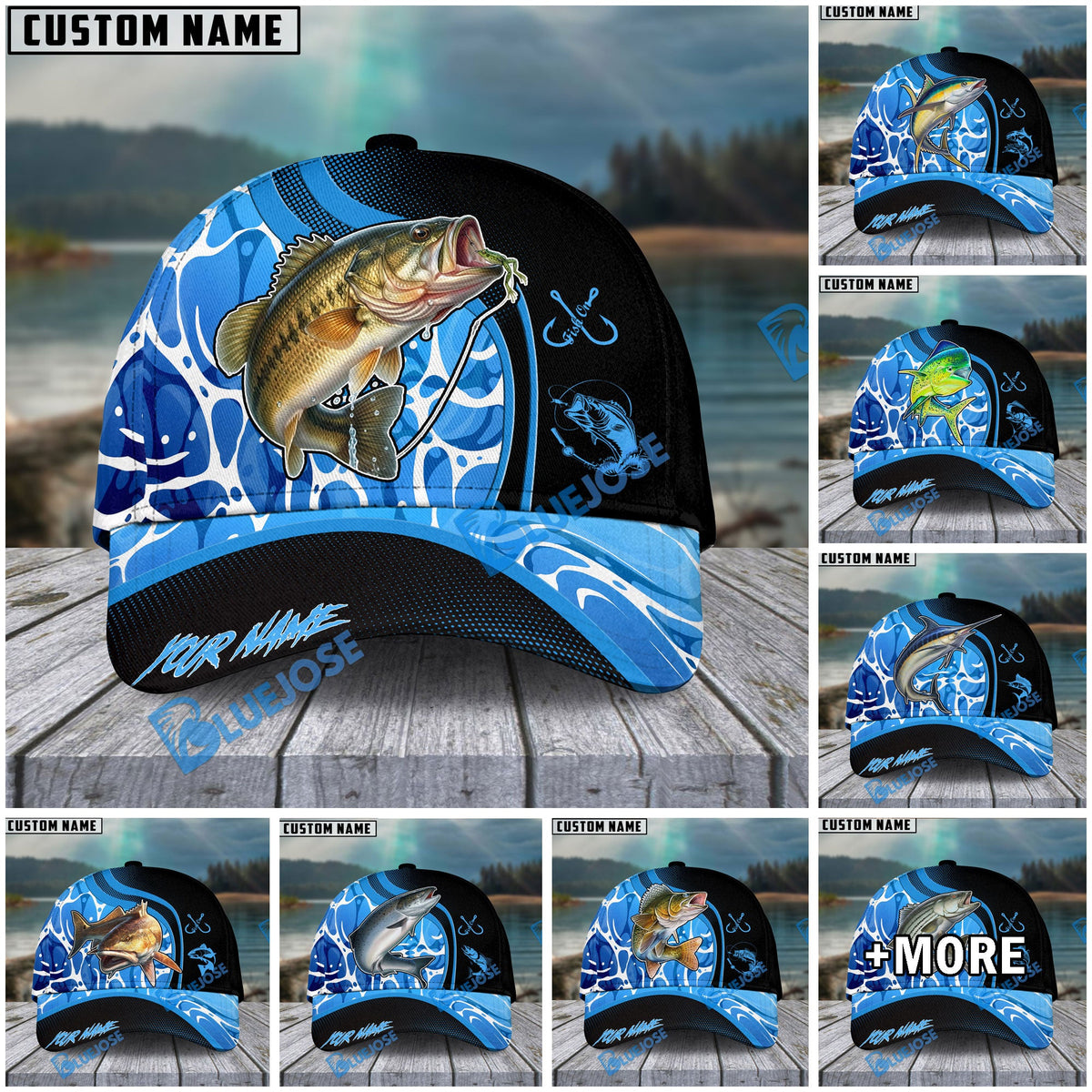 BlueJose Fishing Blue Water Design Personalized Cap (13 Breeds)