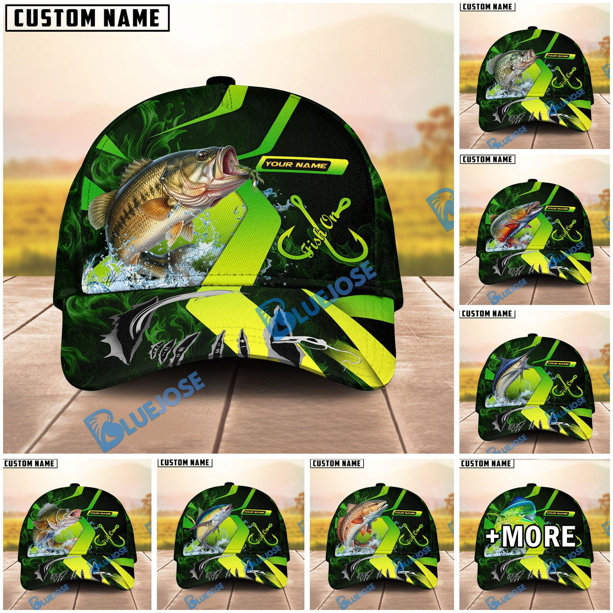 BlueJose Fishing Neon Green Neon Hook Splash Personalized Cap (13 Breeds)