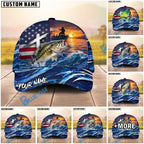 BlueJose Fishing American Flag Sunset Wave Personalized Cap (13 Breeds)