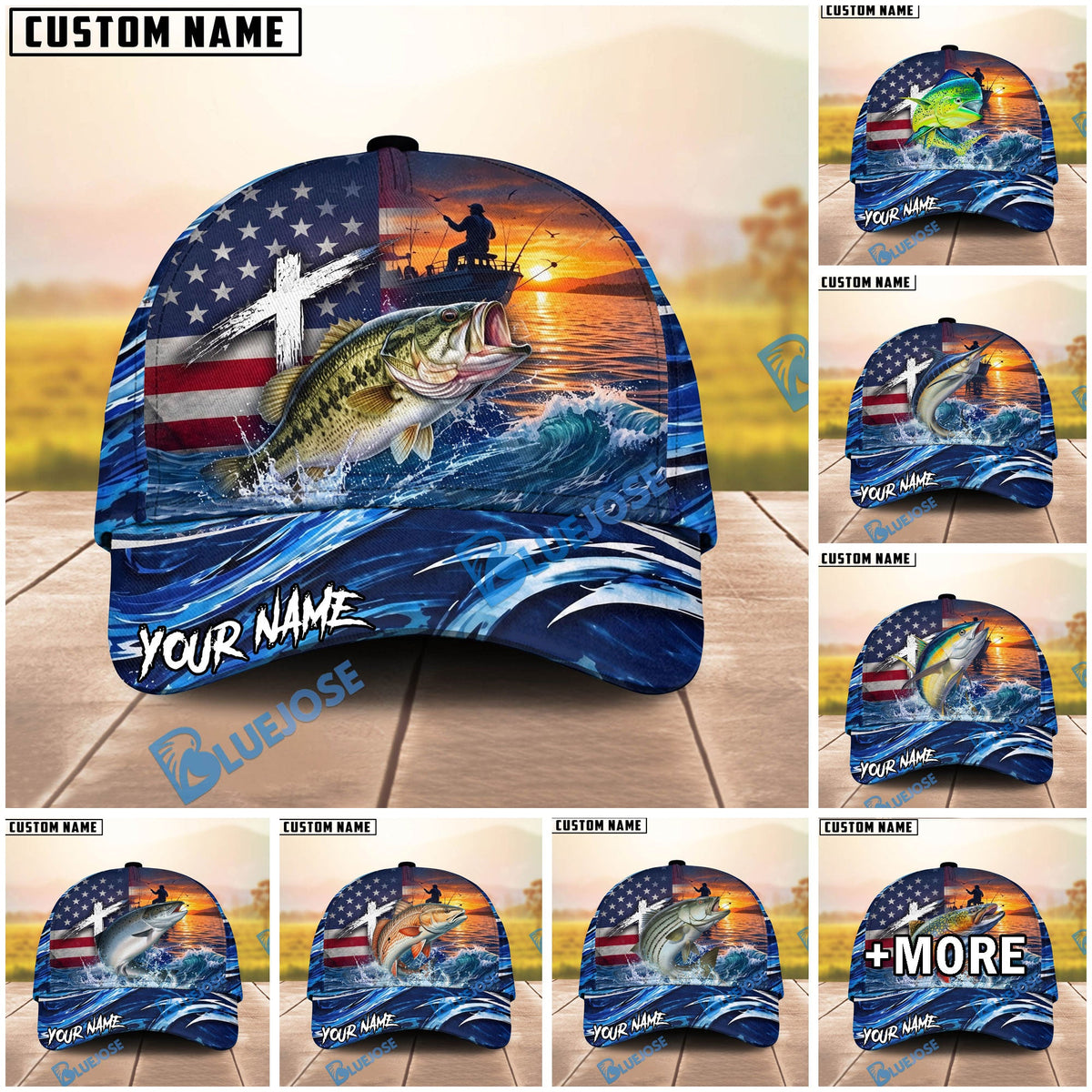 BlueJose Fishing American Flag Sunset Wave Personalized Cap (13 Breeds)